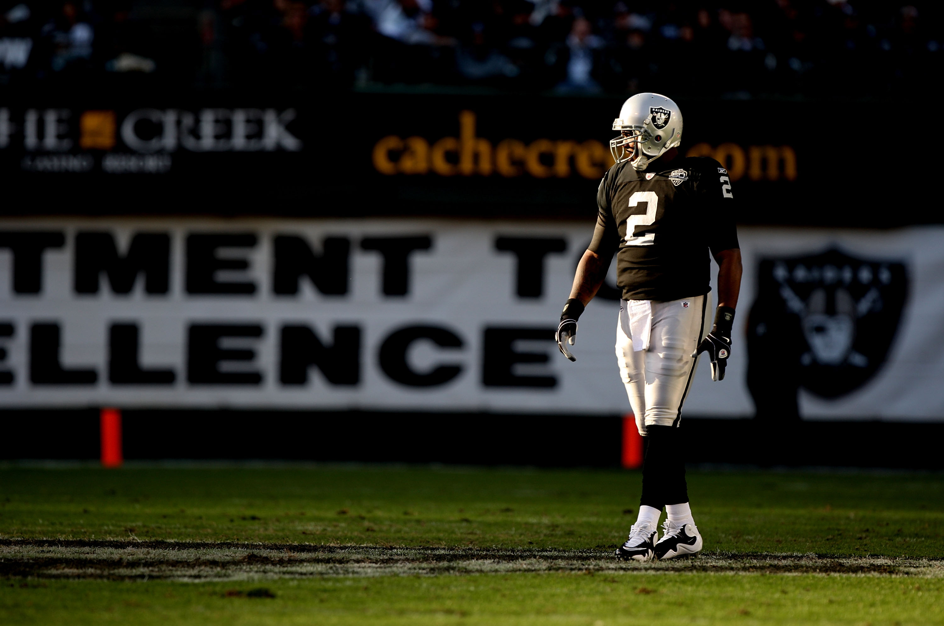 JaMarcus Russell of the Oakland Raiders looks on against the Baltimore Ravens.