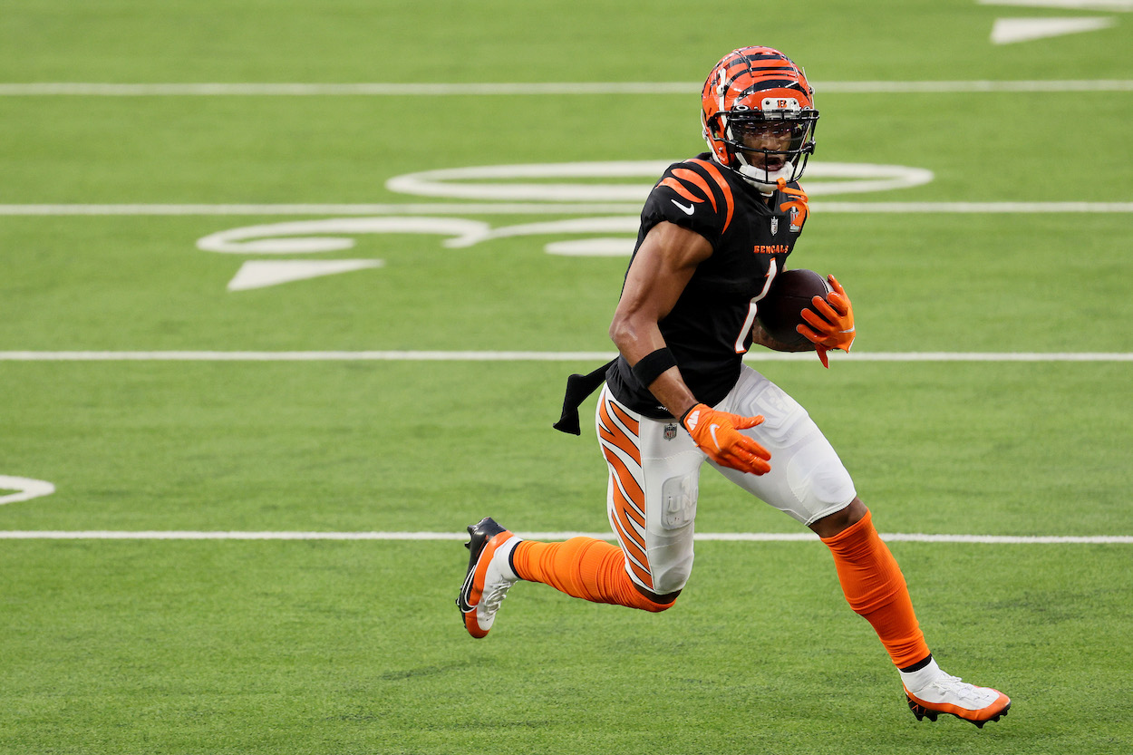 Ja'Marr Chase of the Cincinnati Bengals runs after the catch.