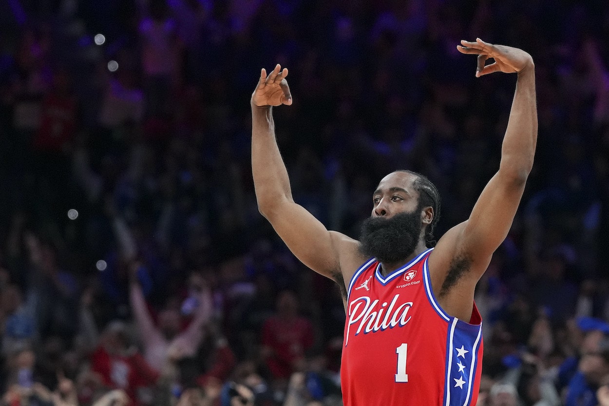 James Harden reacts against the Miami Heat.