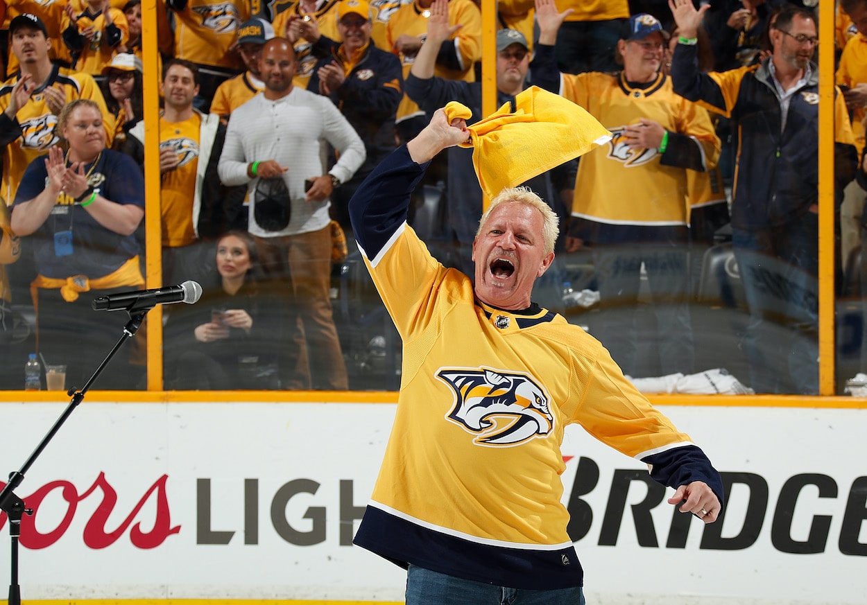 WWE Hall of Famer Jeff Jarrett celebrates before a Nashville Predators game in his hometown of Nashville, Tennessee.