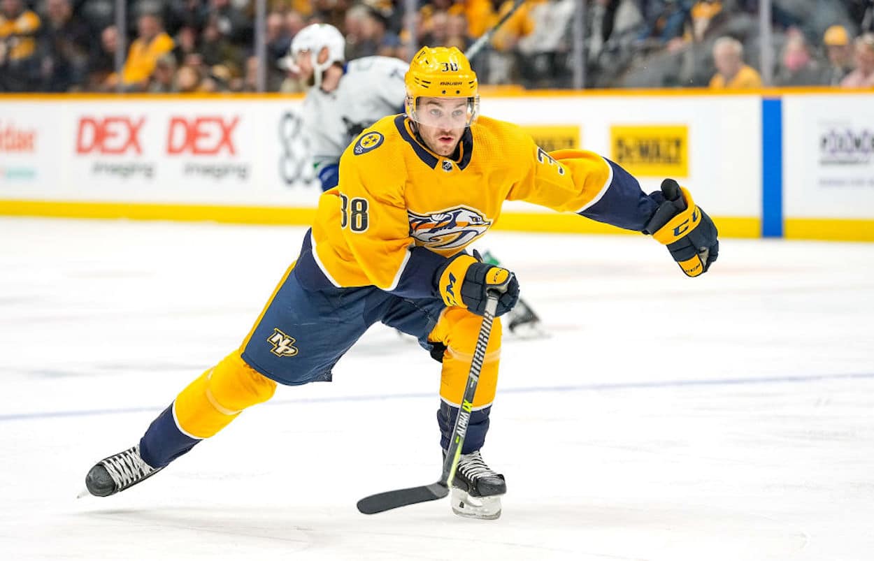 Defenseman Jeremy Davies skating for the Nashville Predators.