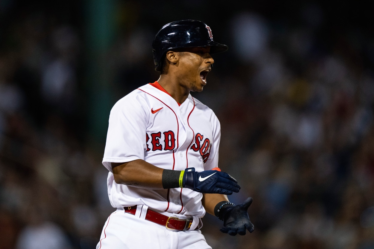 Jeter Downs of the Boston Red Sox reacts after hitting an RBI single.