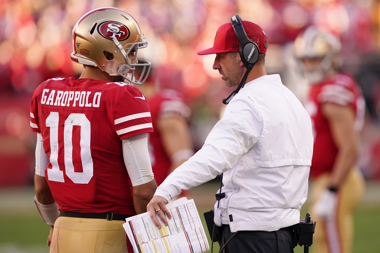 Jimmy Garoppolo and Kyle Shanahan during a 49ers-Vikings matchup in January 2020