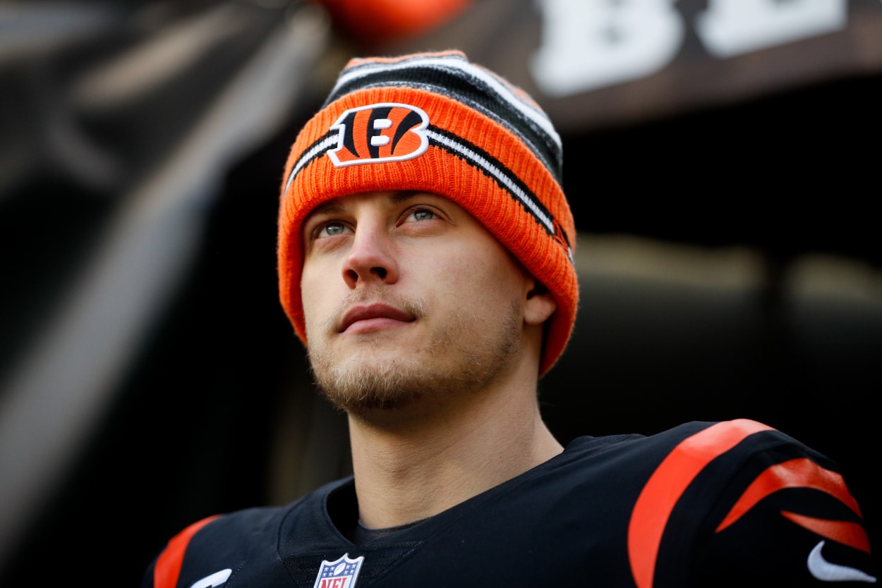 Cincinnati Bengals quarterback Joe Burrow before a playoff game during the 2021 season.