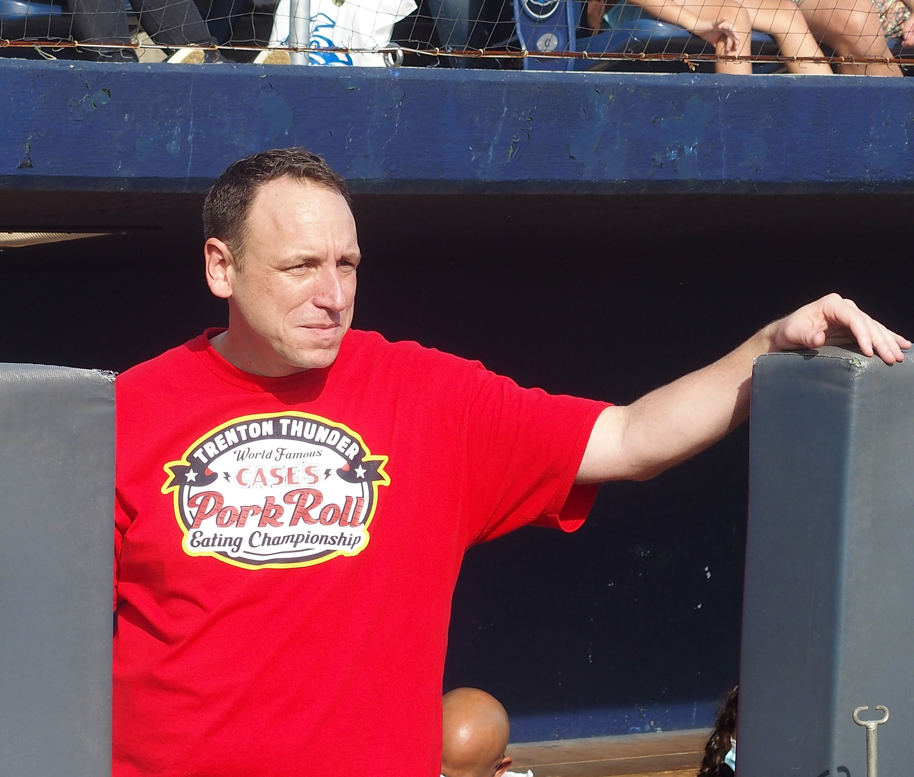 Joey Chestnut participates in the Trenton Thunder Case's World Famous Pork Roll Eating Championship Contest on September 25, 2021, in Trenton, New Jersey.