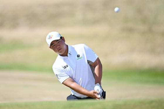 Joohyung Kim hits a shot prior to the 2022 Open Championship.