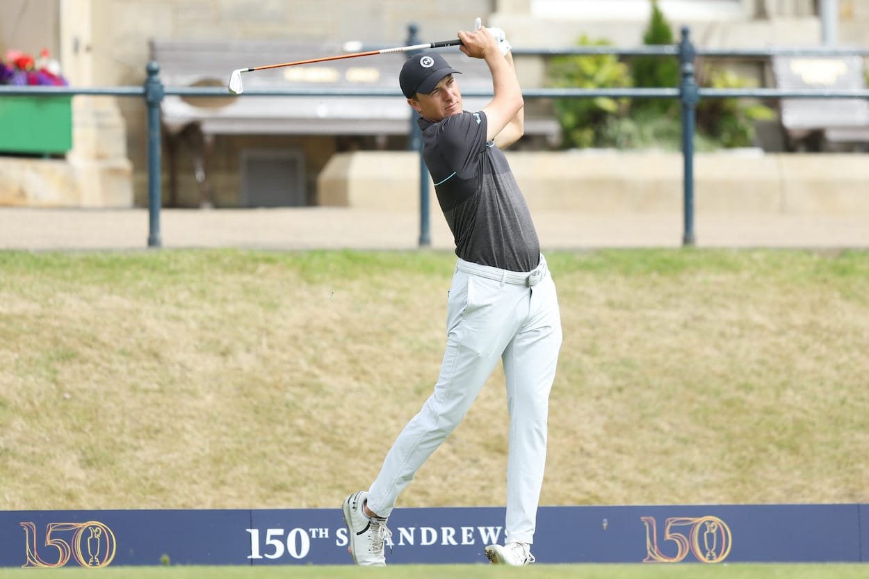 Jordan Spieth tees off prior to the 2022 Open Championship.