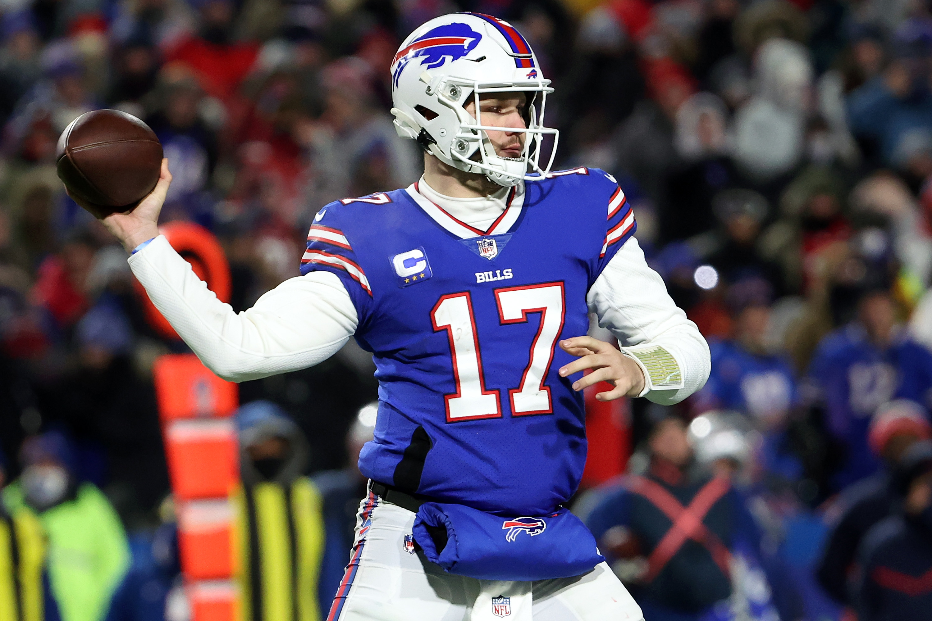 Josh Allen of the Buffalo Bills throws a pass against the New England Patriots.