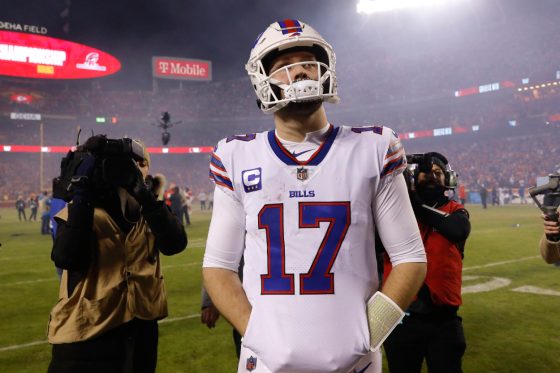 Josh Allen of the Buffalo Bills walks off the field after losing to the Kansas City Chiefs.
