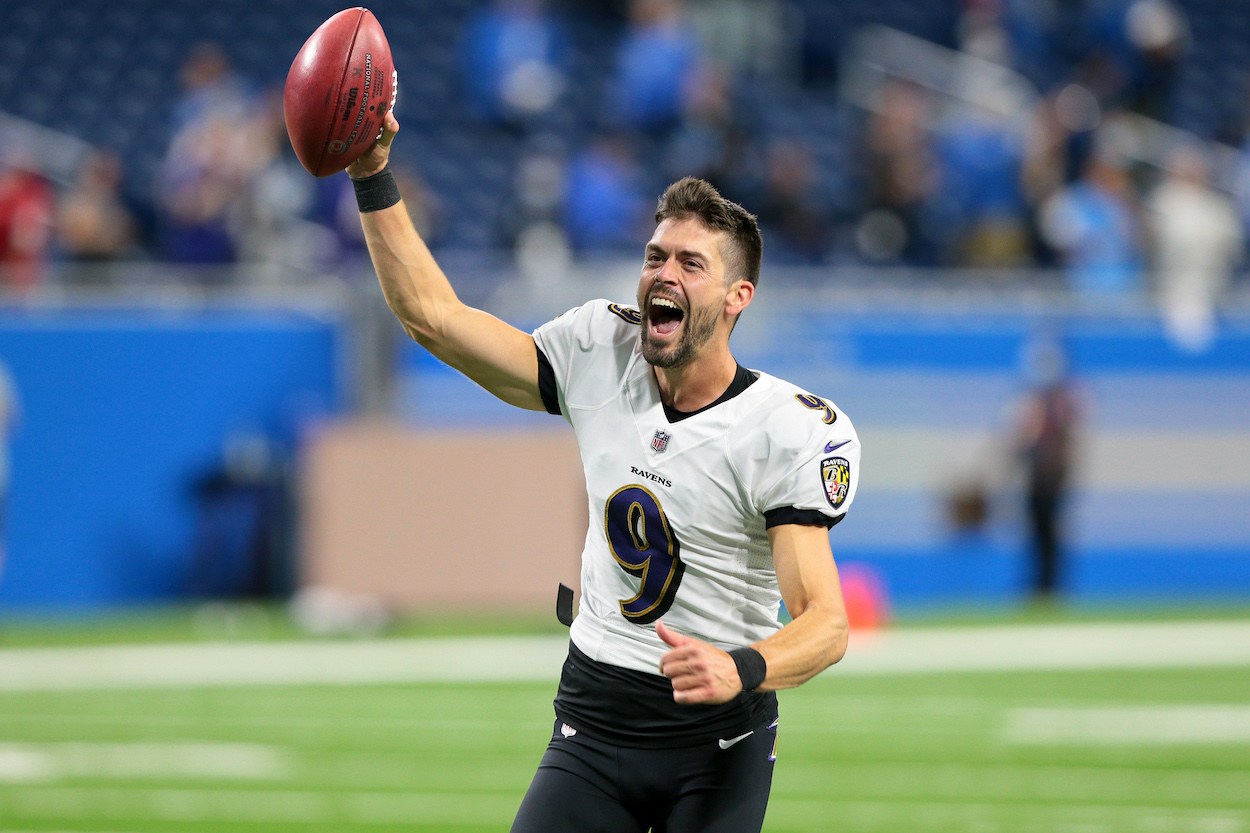 Justin Tucker celebrates the 66-yard field goal that eventually earned a 2022 ESPYS Best Play nomination