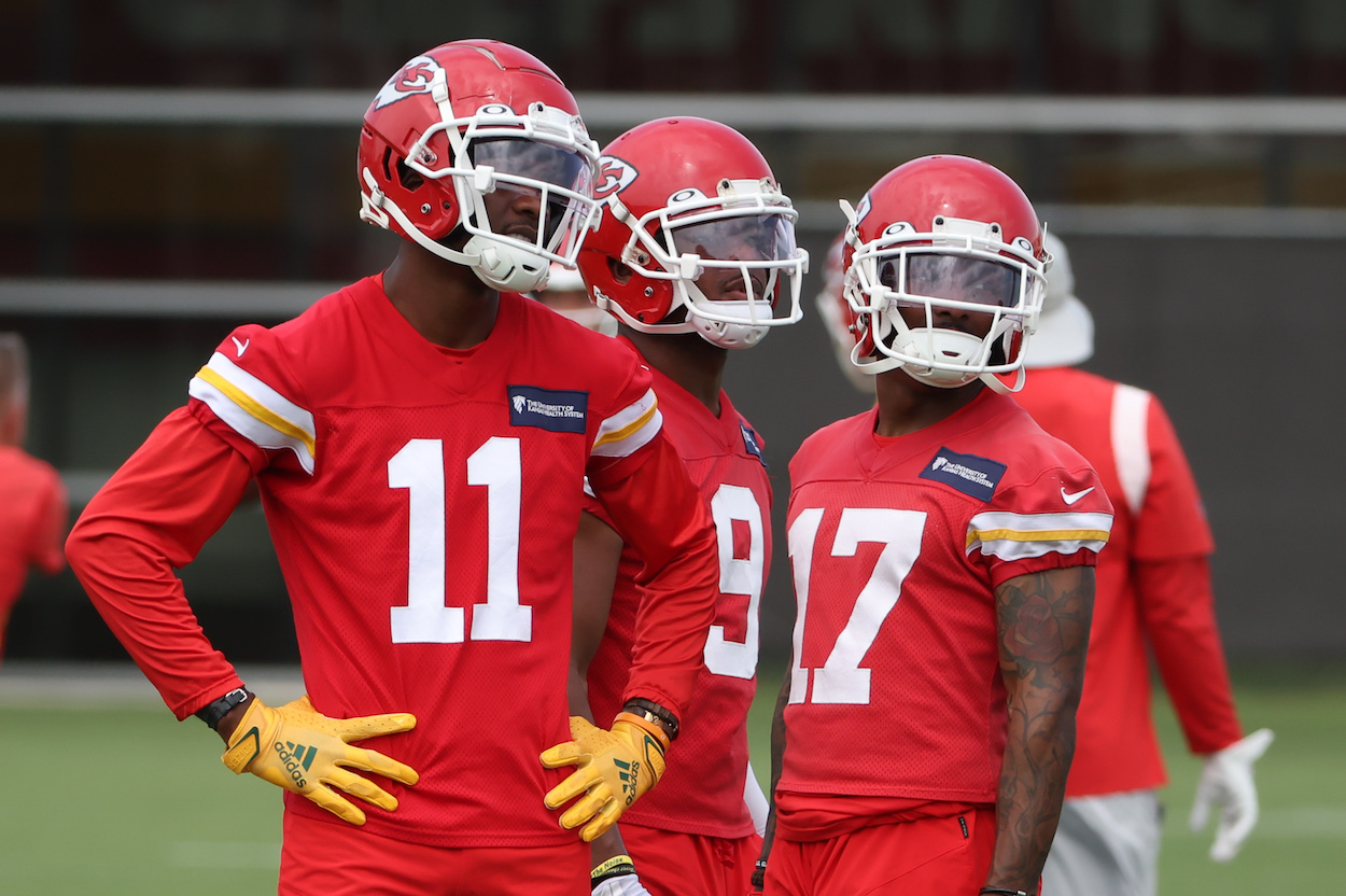 Kansas City Chiefs wide receivers (L-R) Marquez Valdes-Scantling, JuJu Smith-Schuster, and Mecole Hardman are all part of a 2022 Kansas City Chiefs training camp battle at WR.