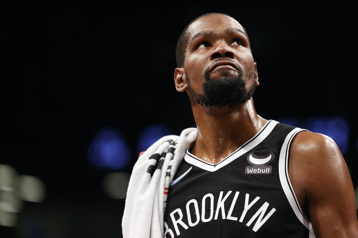 Kevin Durant looks on against the Cavaliers.