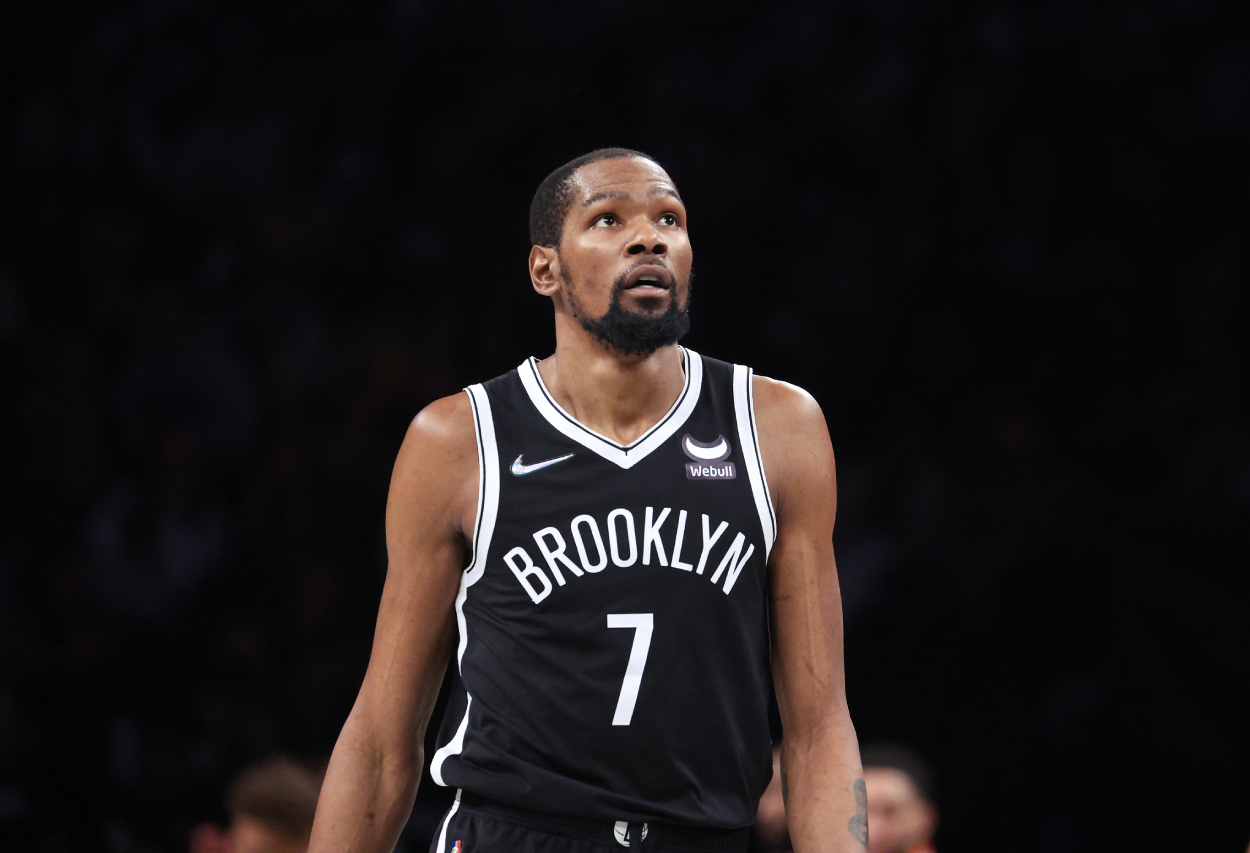Kevin Durant of the Brooklyn Nets looks on against the Boston Celtics.