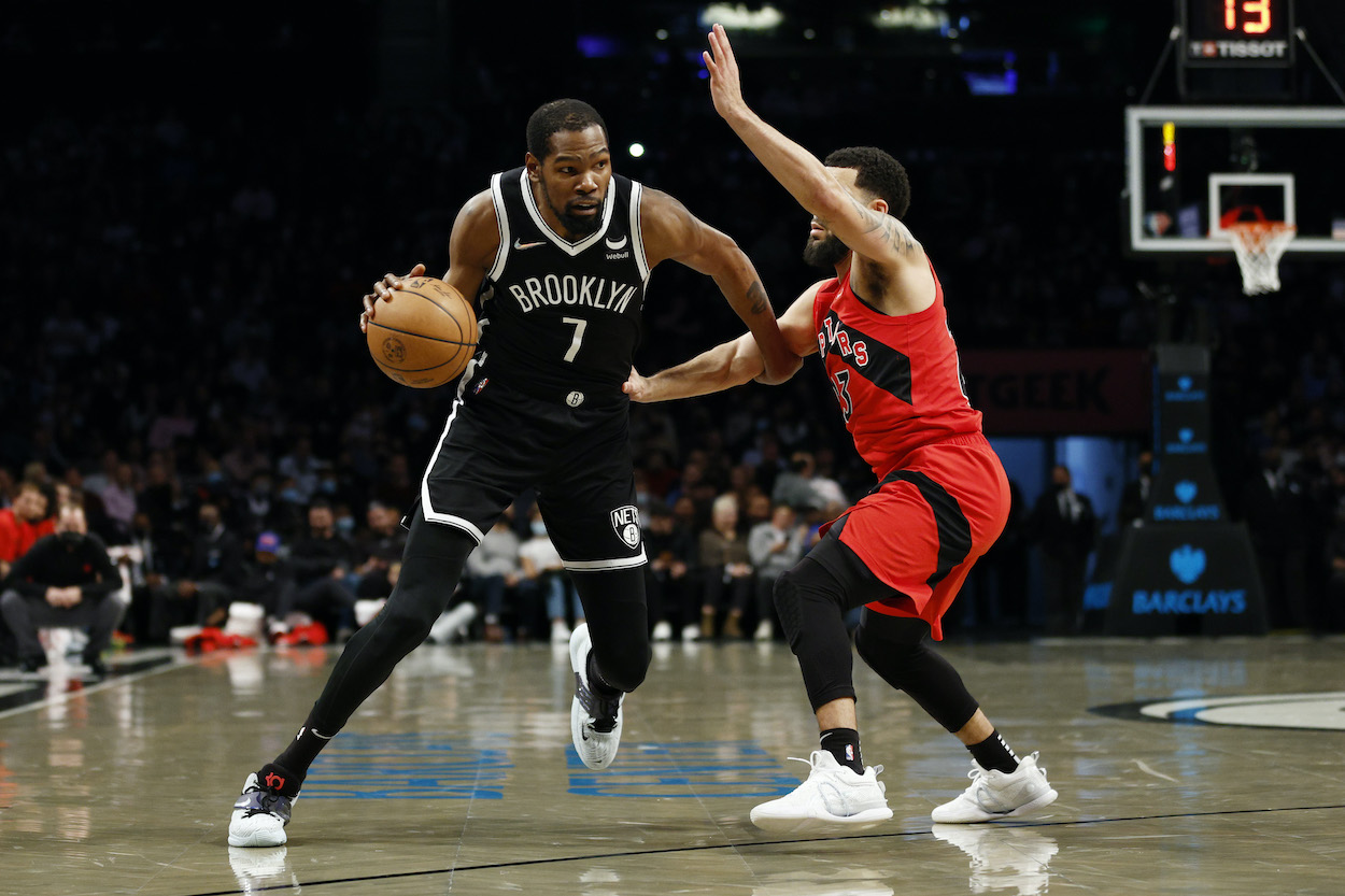 Kevin Durant of the Brooklyn Nets vs. the Toronto Raptors in 2021. A Kevin Durant trade to the Raptors could make sense for all involved, per Woj.