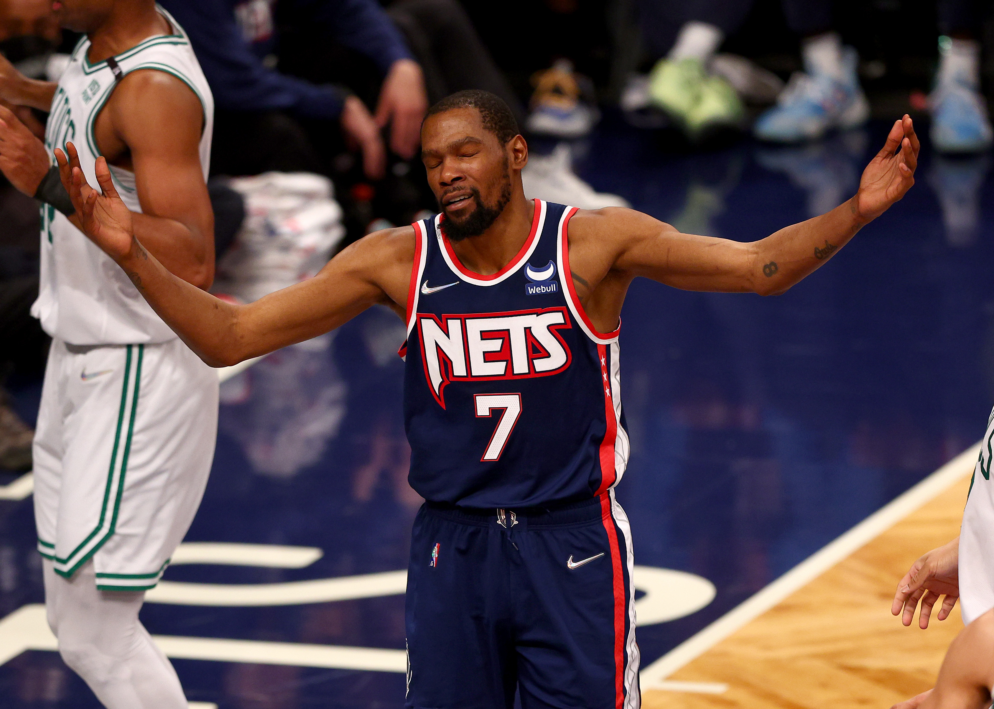 Kevin Durant of the Brooklyn Nets reacts during Game 4 of the Eastern Conference First Round Playoffs against the Boston Celtics.