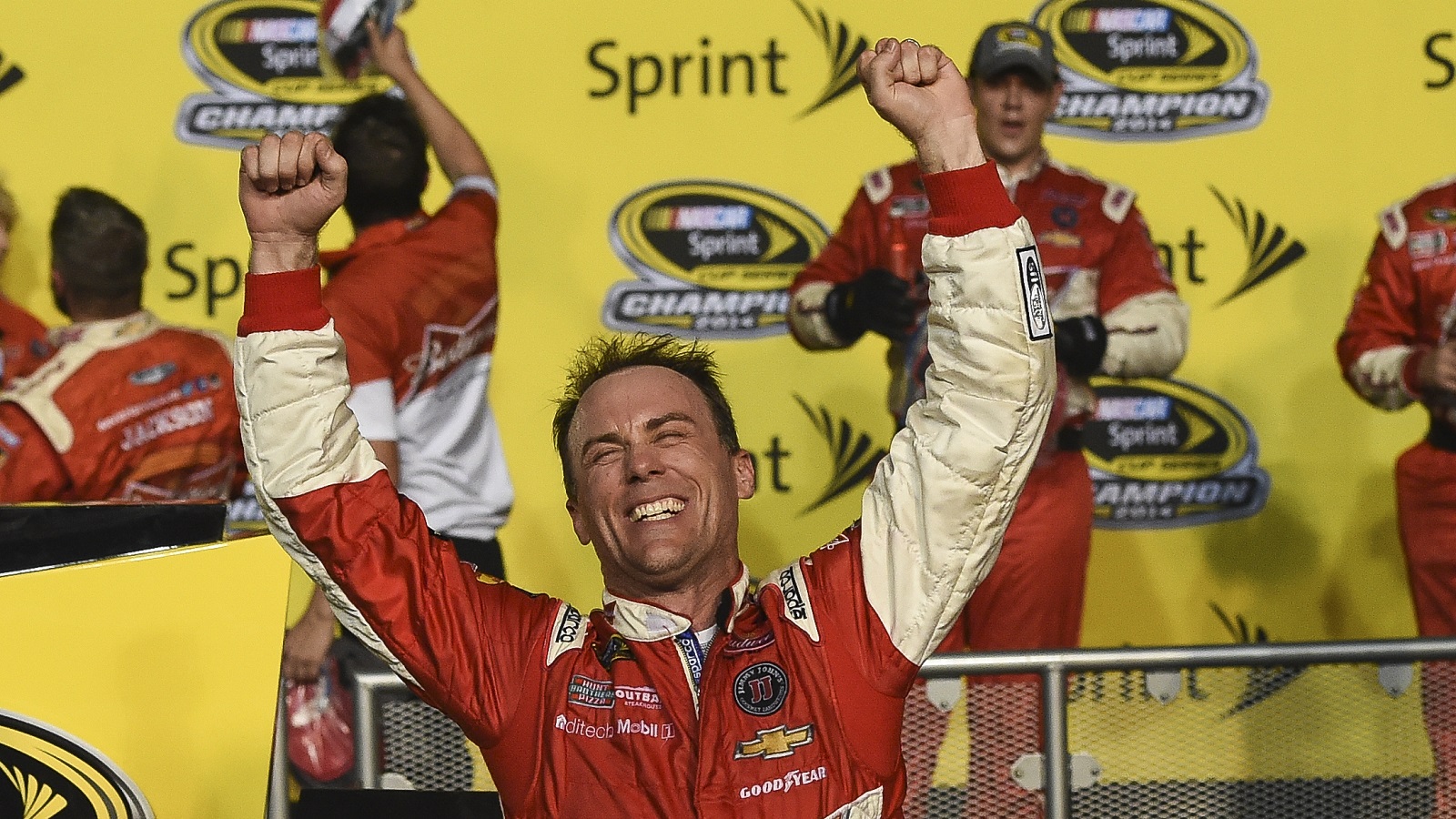 Kevin Harvick celebrates after winning during the NASCAR Sprint Cup Series Ford EcoBoost 400 at Homestead-Miami Speedway on Nov. 16, 2014.