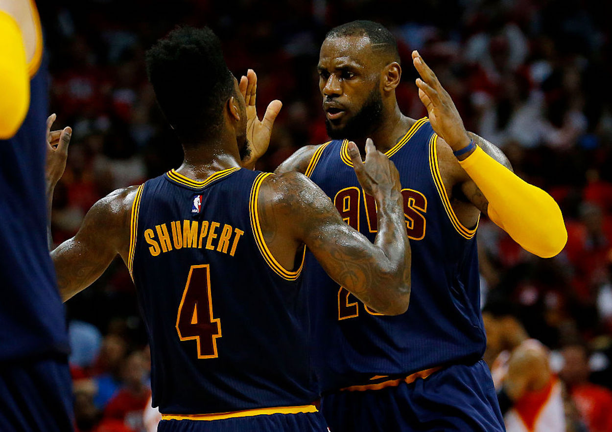 Iman Shumpert and LeBron James react together during the 2015 NBA Finals.