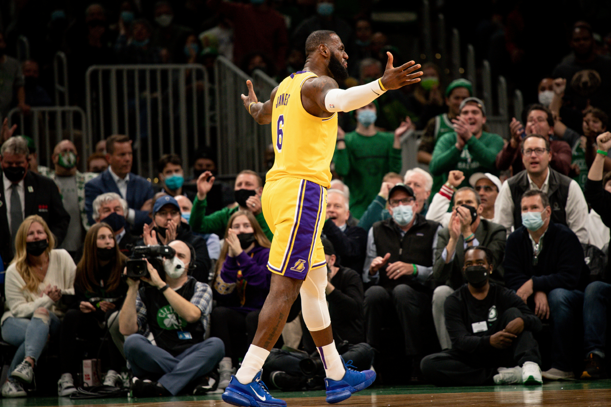 LeBron James of the Los Angeles Lakers reacts against the Boston Celtics at TD Garden on November 19, 2021.