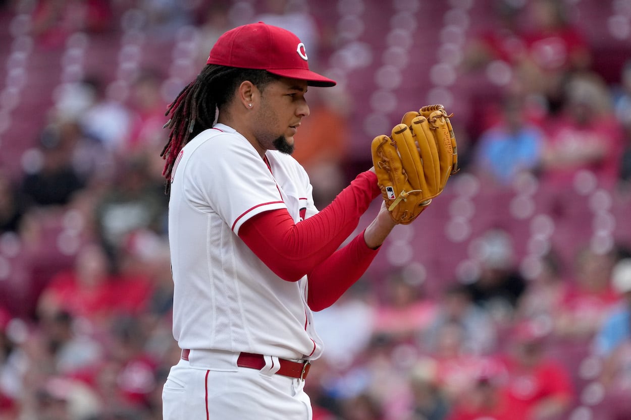 Luis Castillo preparing to pitch for the Cincinnati Reds