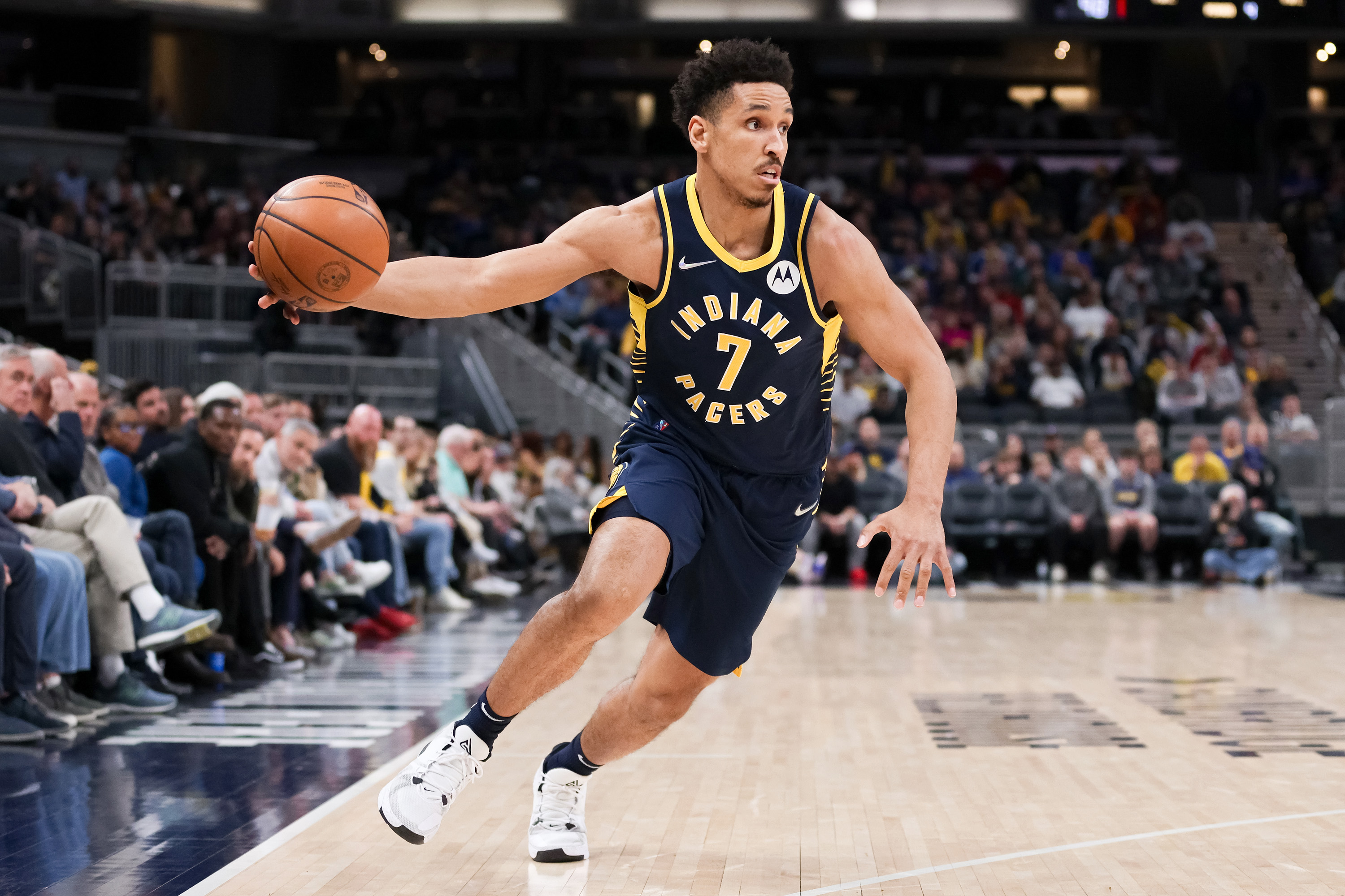 Malcolm Brogdon of the Indiana Pacers dribbles the ball.