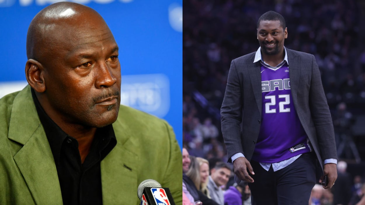 A photo of Michael Jordan in a green blazer next to a photo of Metta World Peace wearing a gray blazer