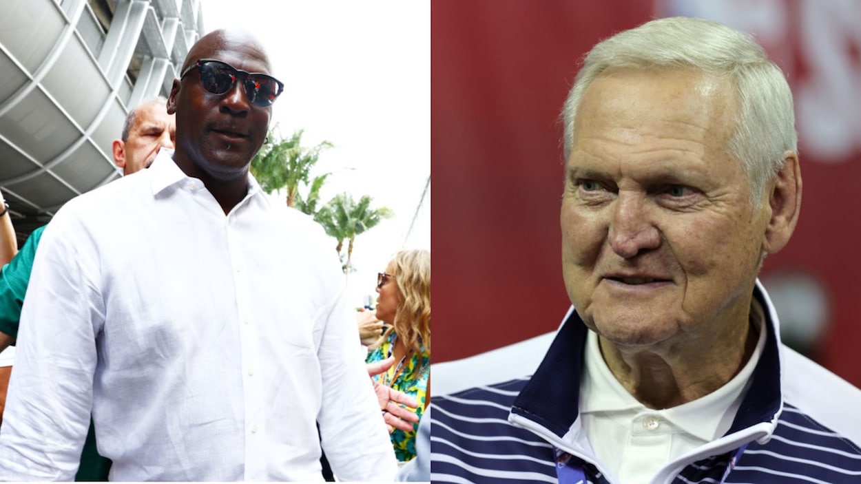 NBA legends Michael Jordan (L) and Jerry West (R)