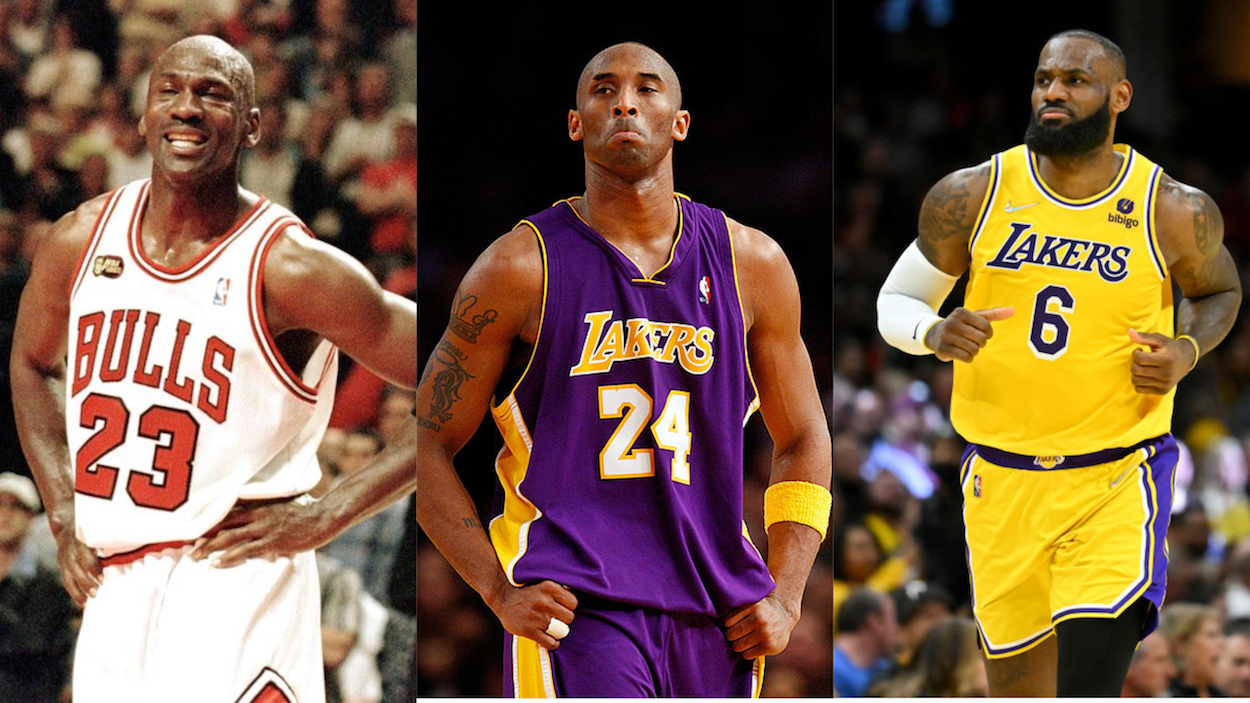 NBA legends Michael Jordan (L), Kobe Bryant (C), and LeBron James (R).