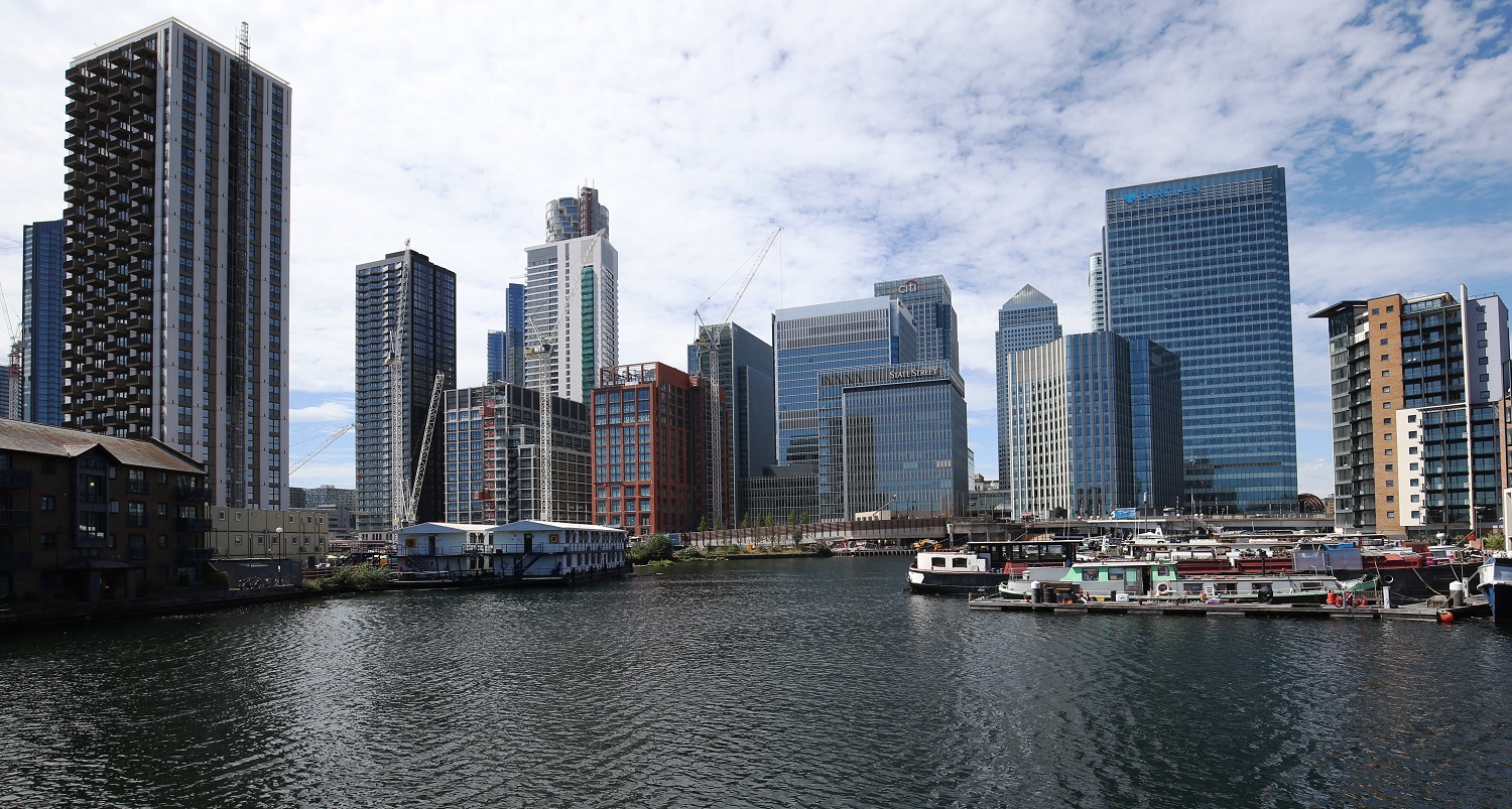 A general view of the Canary Wharf skyline, seen from Blackwall Basin, including the offices of HSBC, Barclays, State Street, Citi Bank, and the One Canada Square building.