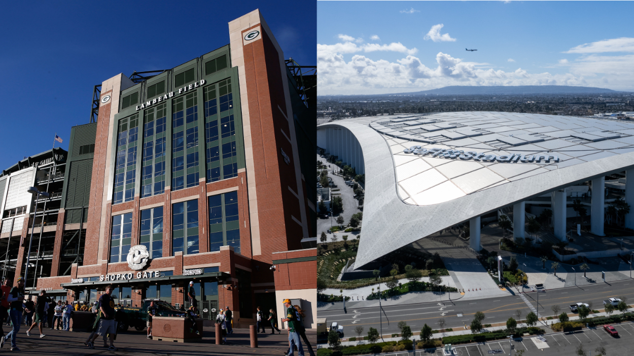 NFL stadiums: (L) Lambeau Field, home of the Green Bay Packers ; (R) SoFi Stadium, home of the LA Rams.