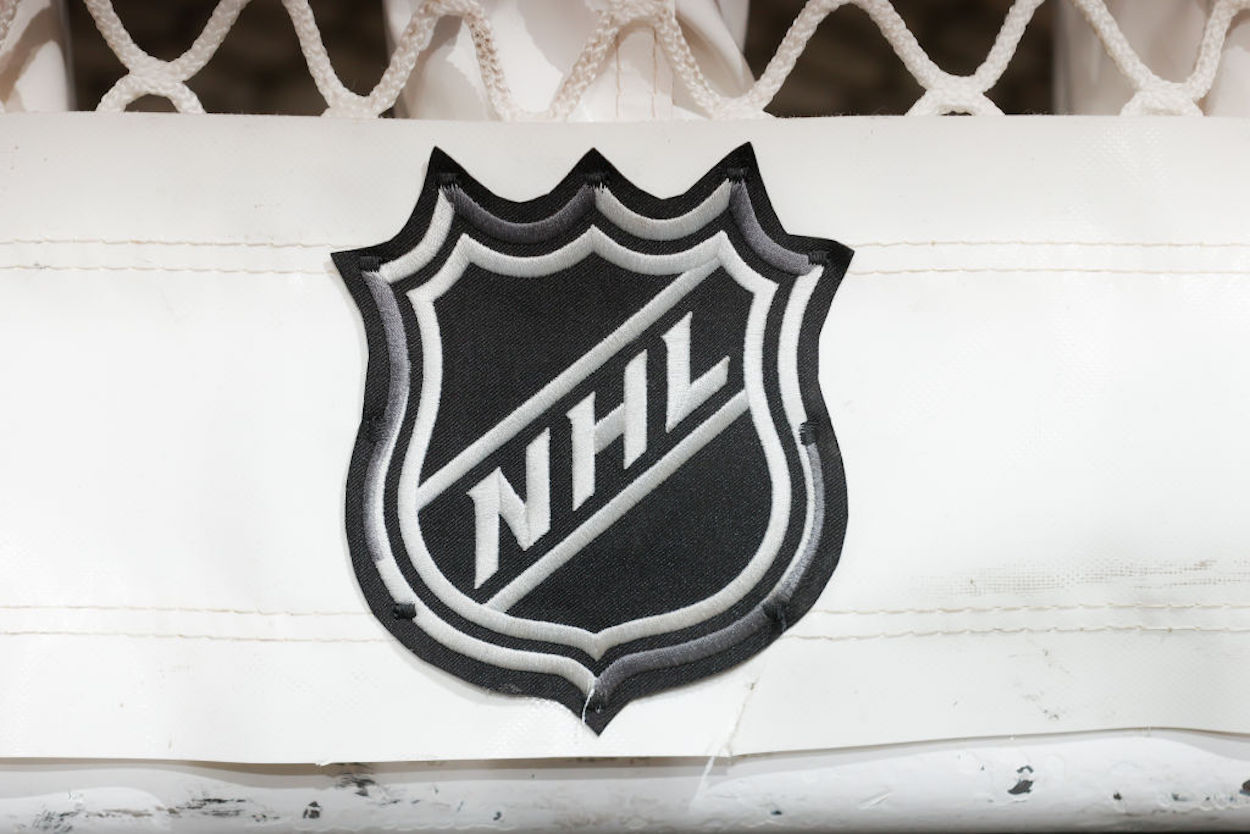 The NHL logo on the back of a net.