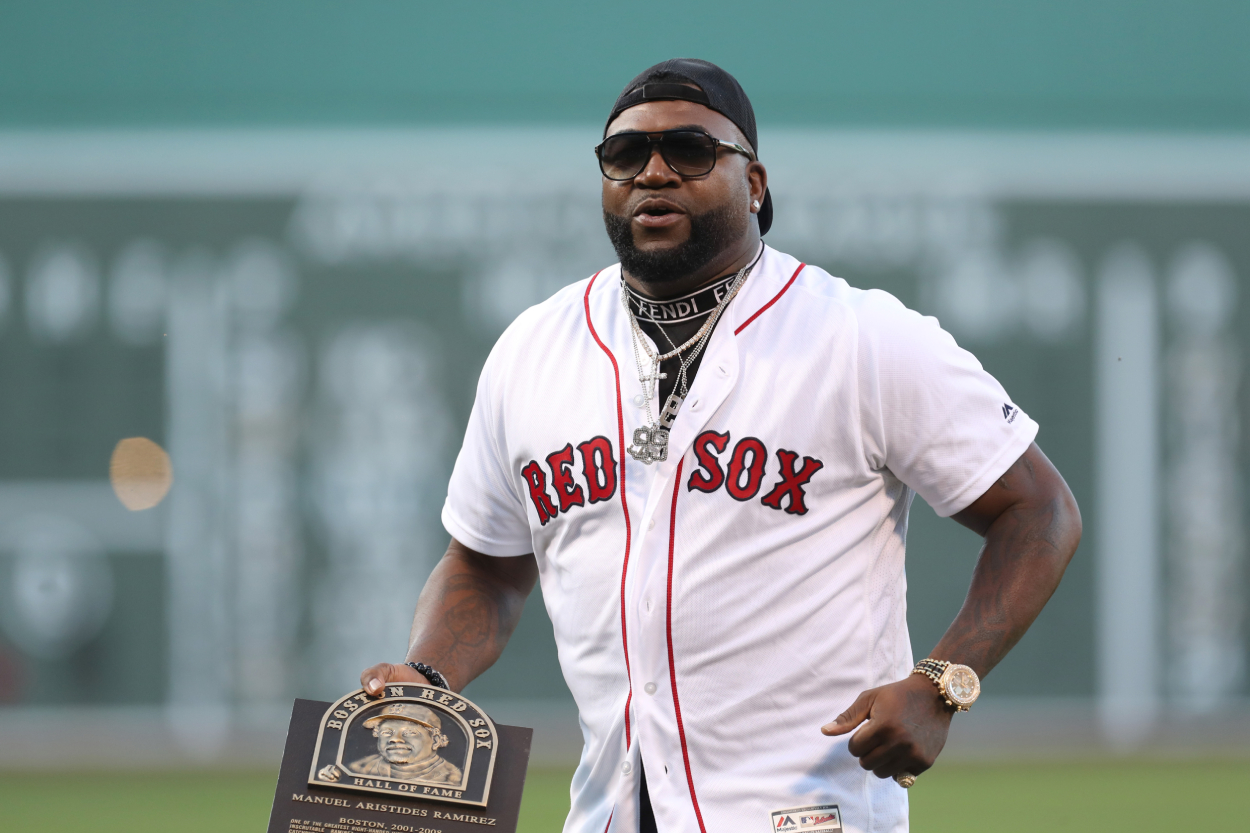 Hall of Famer David Ortiz reacts before a game against the Detroit Tigers at Fenway Park on June 20, 2022, in Boston, Massachusetts.
