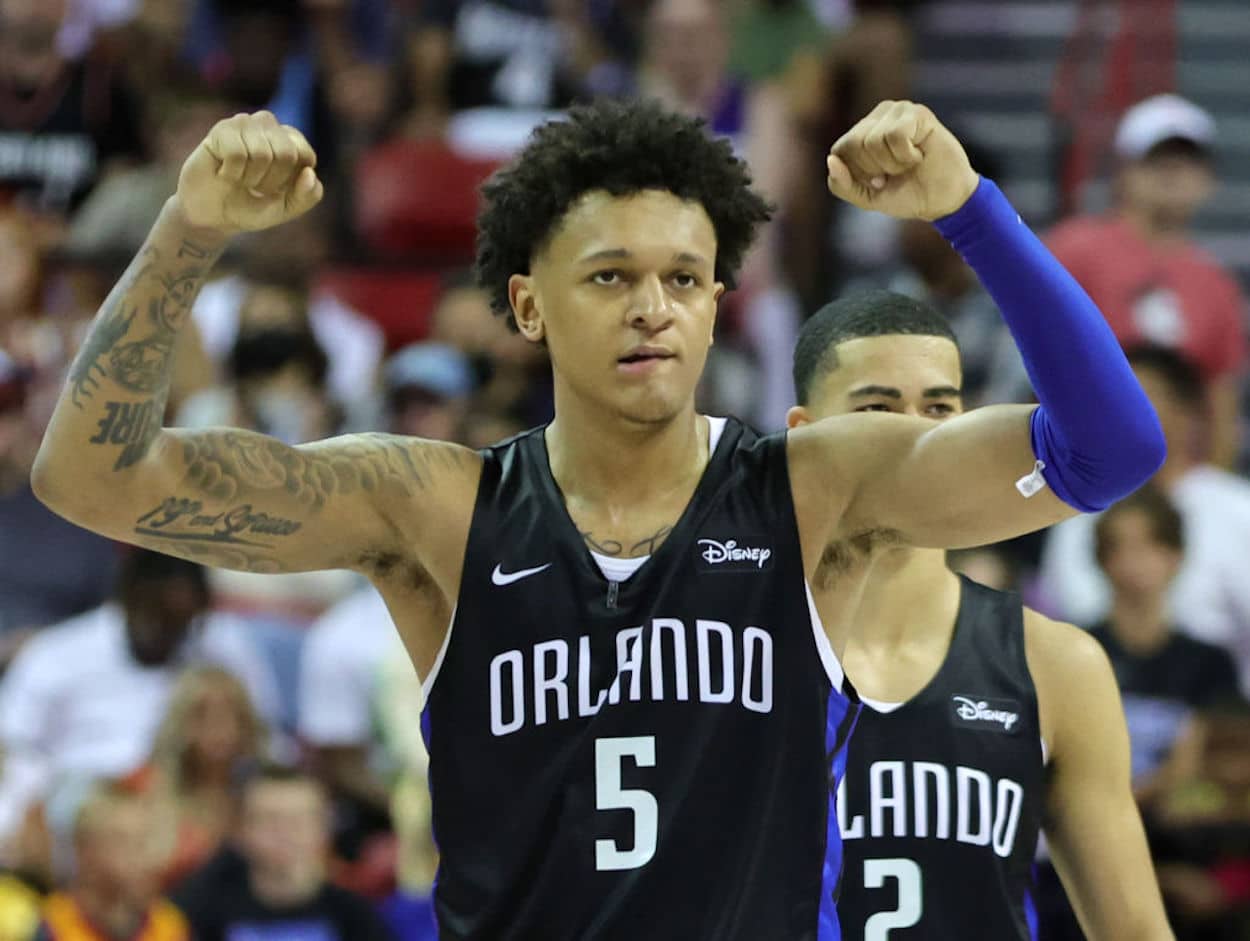 Orlando Magic forward Paolo Banchero reacts during a Summer League game.