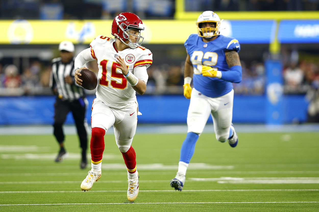 Patrick Mahomes runs the ball against the Chargers.
