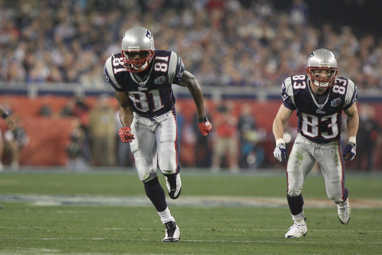 Randy Moss and Wes Welker during the Patriots-Giants showdown at Super Bowl 42