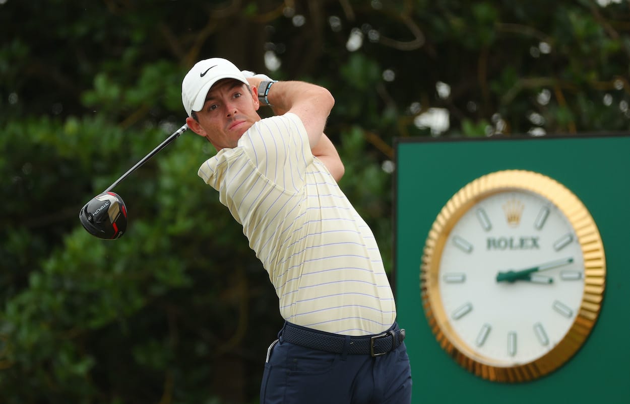 Rory McIlroy tees off during the final round of the 2022 British Open.