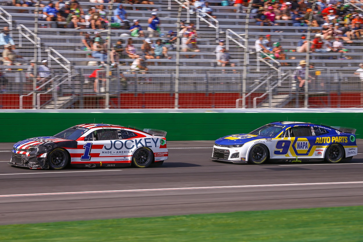 Ross Chastain and Chase Elliott battle at the 2022 NASCAR Cup Series Quaker State 400