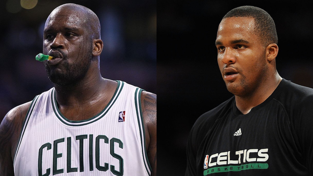 Shaquille O'Neal (L) and Glen 'Big Baby' Davis during their time with the Boston Celtics.