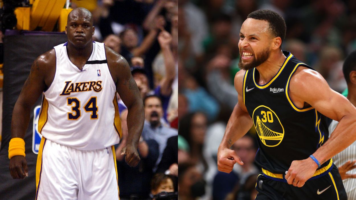 NBA legend Shaquille O'Neal (L) and current star Steph Curry (R).