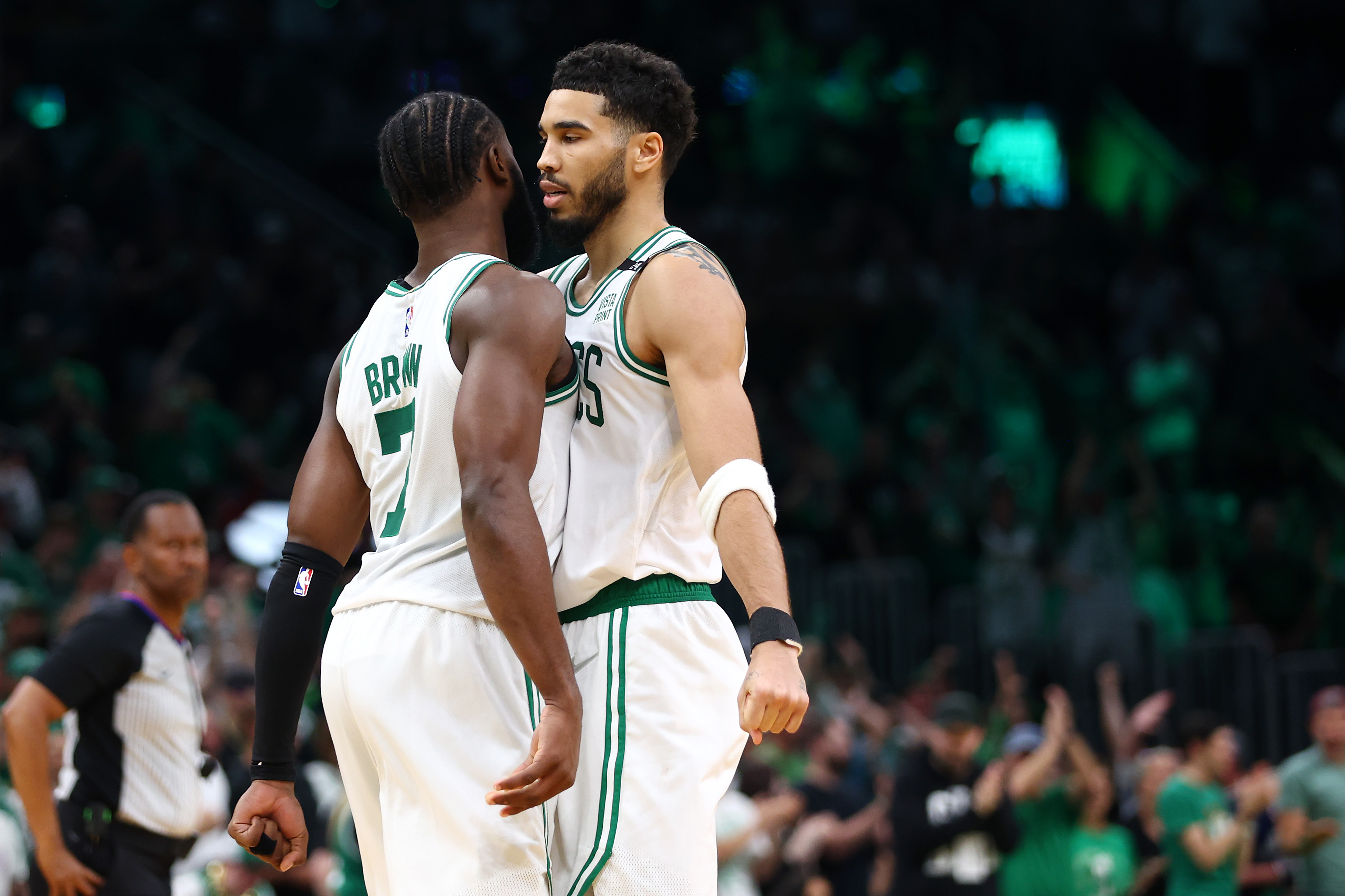 Jaylen Brown, left, and Jayson Tatum of the Boston Celtics celebrate.
