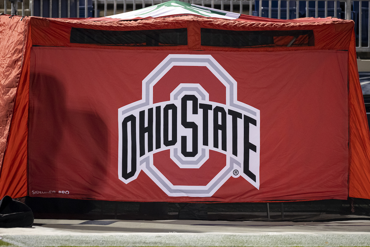 A view of a Ohio State Buckeyes logo on a sideline tent