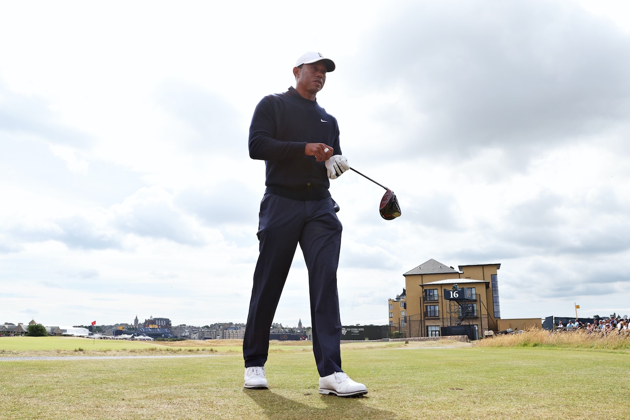 Tiger Woods looks on prior to the Open Championship.