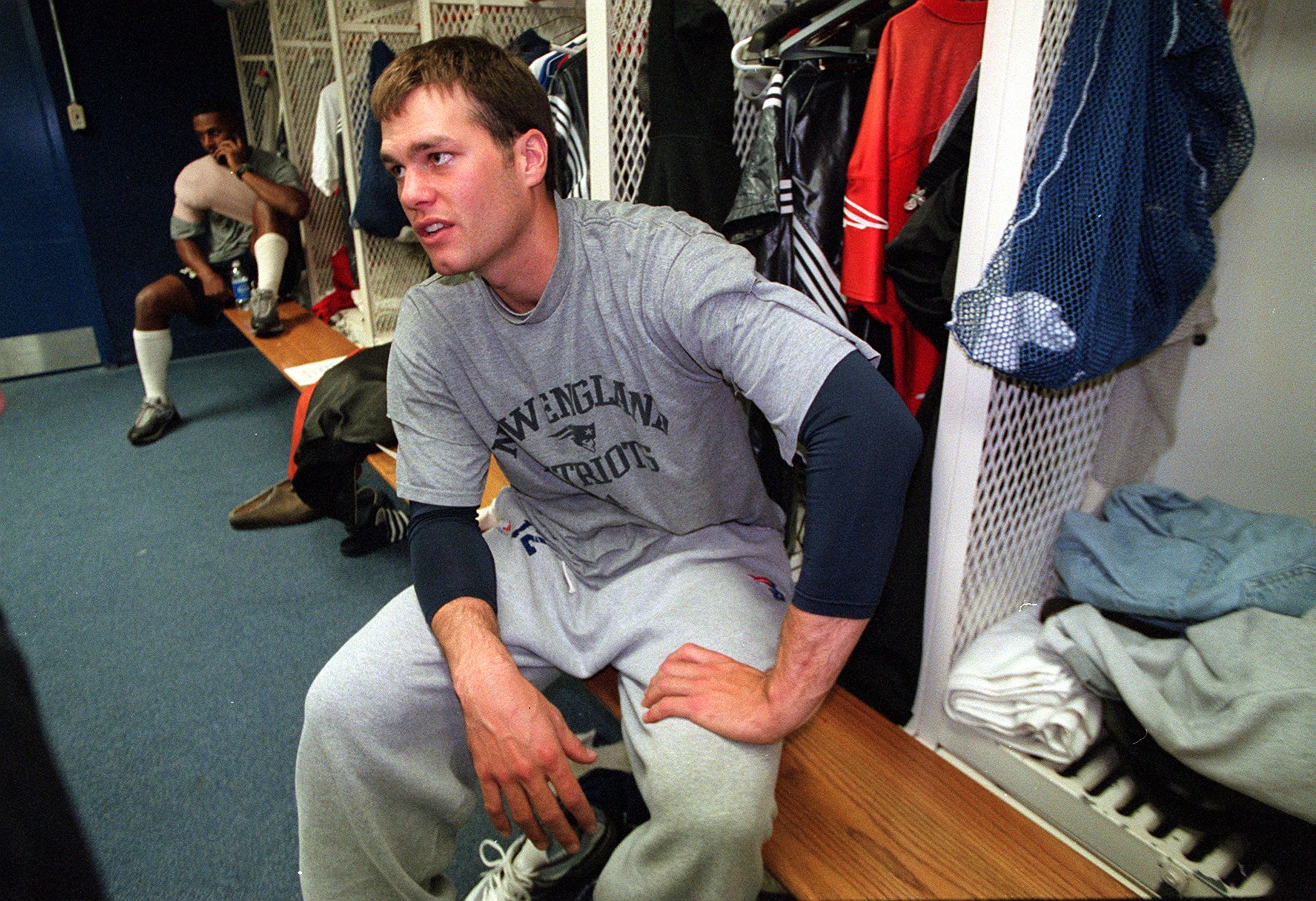 New England Patriots rookie quarterback Tom Brady inside the locker room.