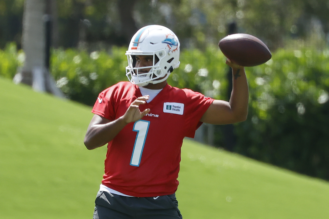 Tua Tagovailoa of the Miami Dolphins throws the ball during the Miami Dolphins Mandatory Minicamp.
