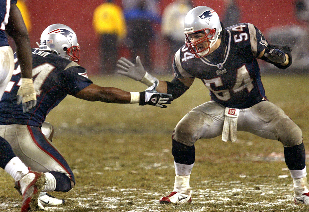 Ty Law and Tedy Bruschi celebrate for the New England Patriots