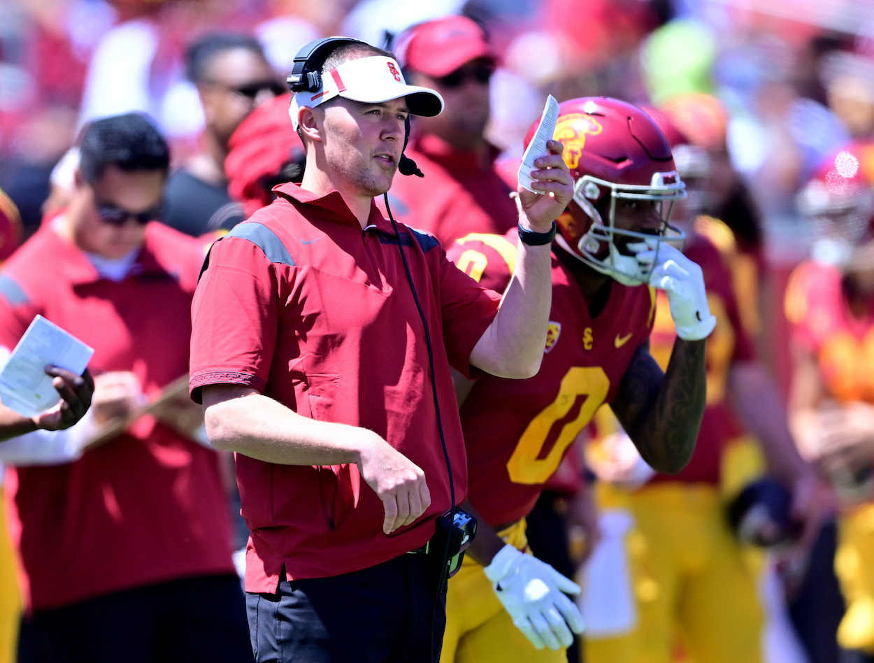 Lincoln Riley coaches from the sidelines for USC.