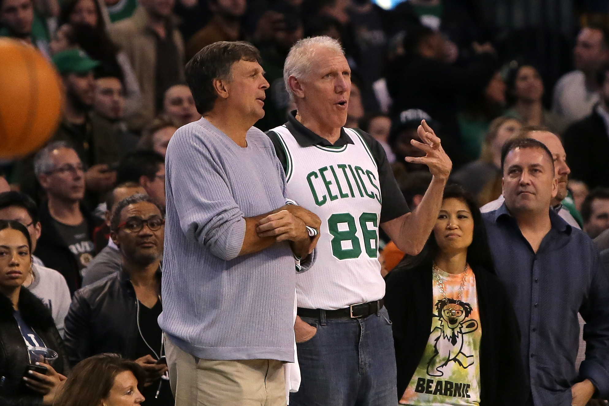 Members of the Boston Celtics 1986 Championship team Kevin McHale and Bill Walton look on in the game against the Miami Heat at TD Garden on April 13, 2016.