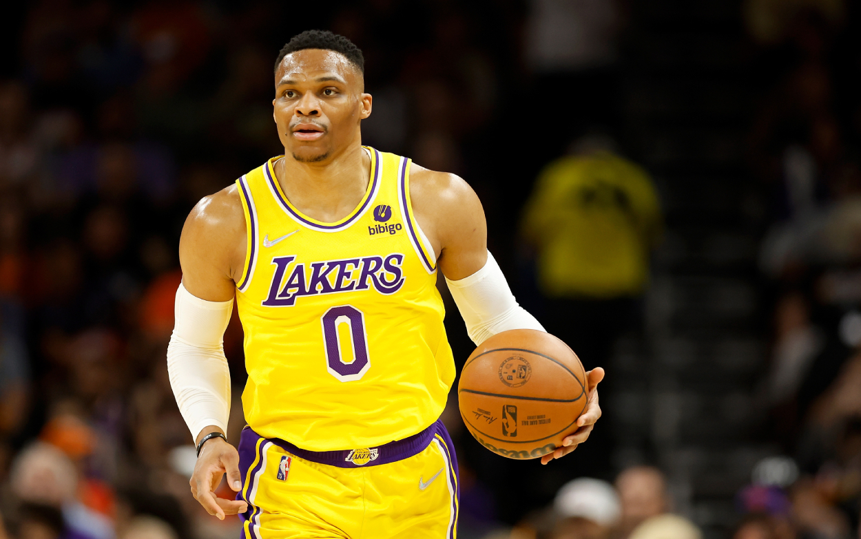 Russell Westbrook of the Los Angeles Lakers handles the ball.