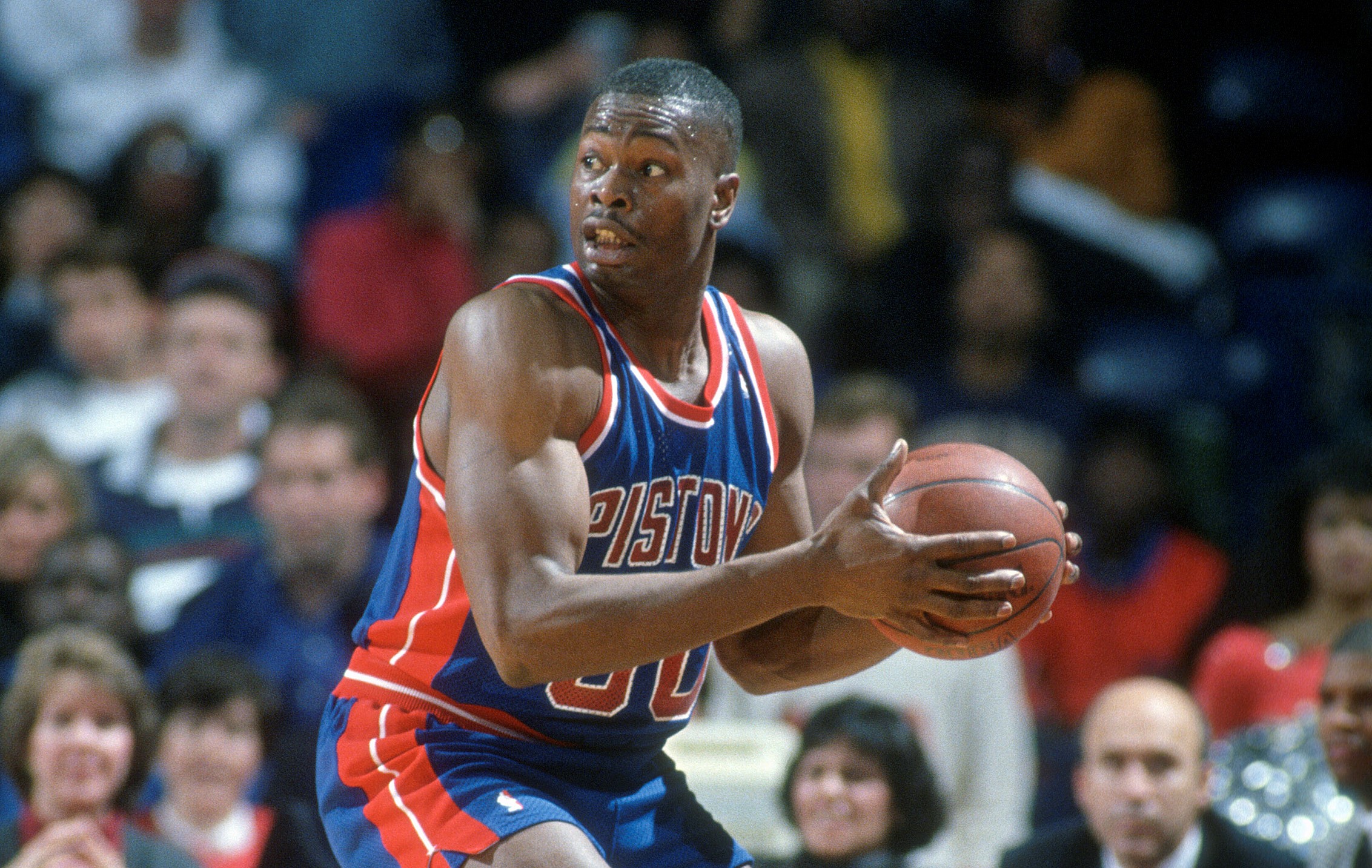 William Bedford of the Detroit Pistons in action against the Washington Bullets during an NBA basketball game circa 1991.