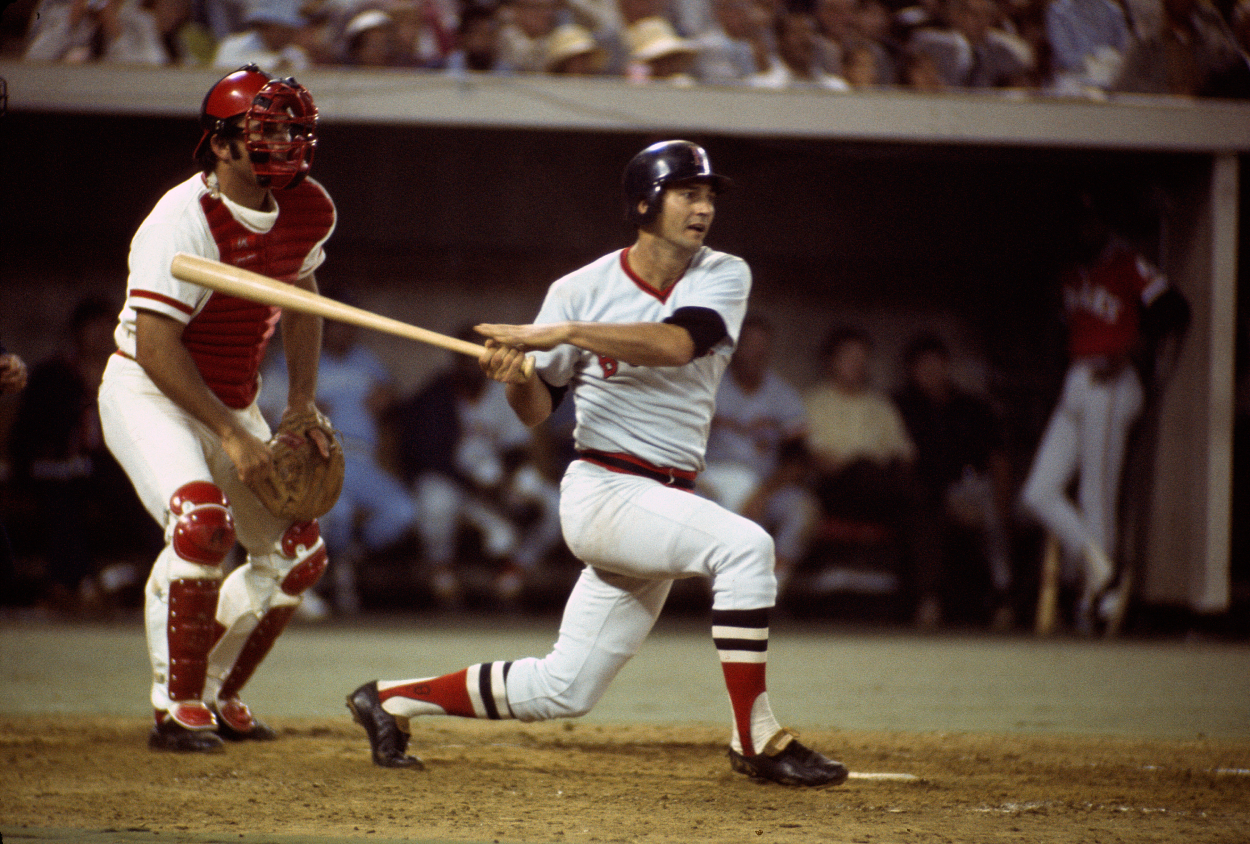 Carl Yastrzemski of the Boston Red Sox and the American League All-Stars bats against the National League All-Stars in 1974.