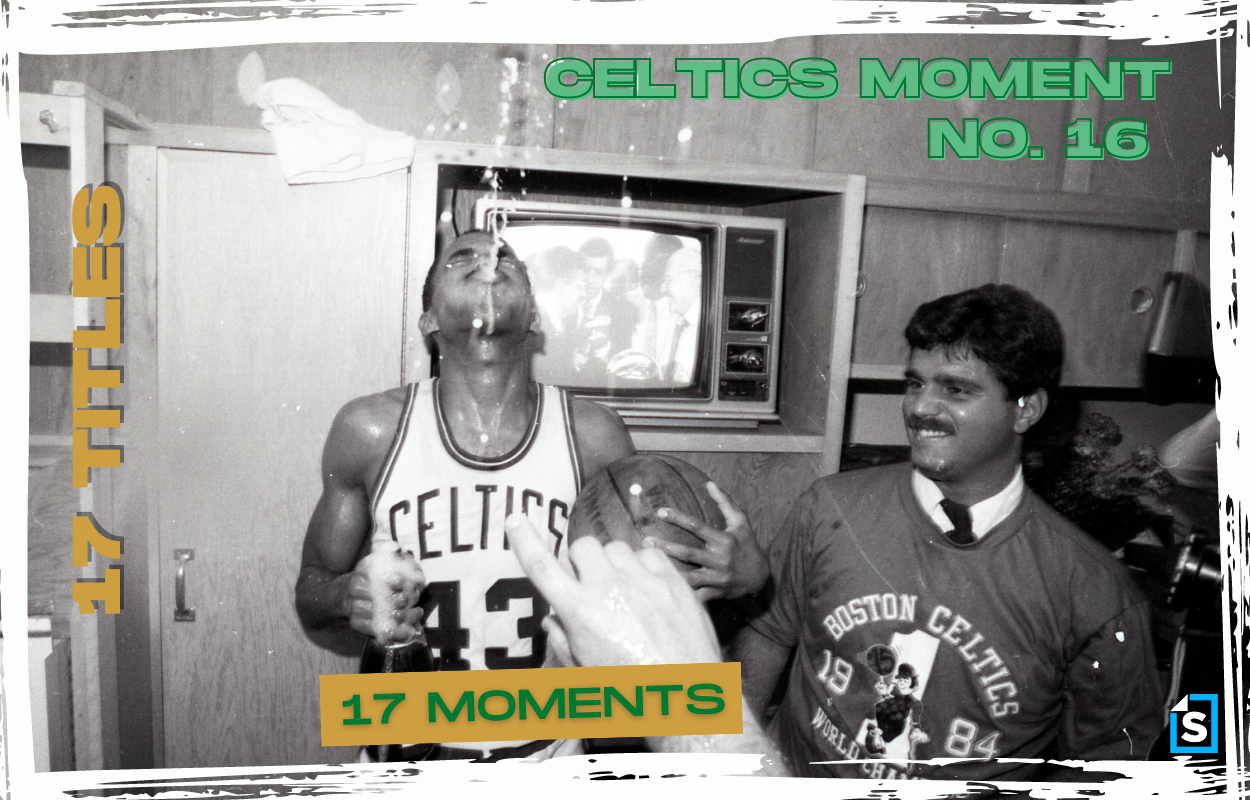 Boston Celtics guard Gerald Henderson celebrates after winning the 1984 NBA Finals against the Los Angeles Lakers.